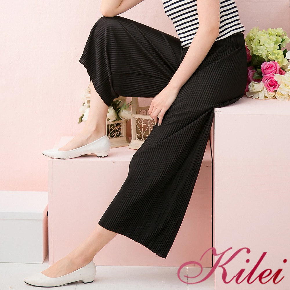 【Kilei】素色光滑百折長褲寬褲XA3739-04(美學黑)全尺碼