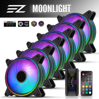 EZDIY-FAB 12cm月光型 RGB機殼風扇 附風扇集線器和遙控器 遙控器有3段風速控制 智慧溫控靜音- 6顆裝