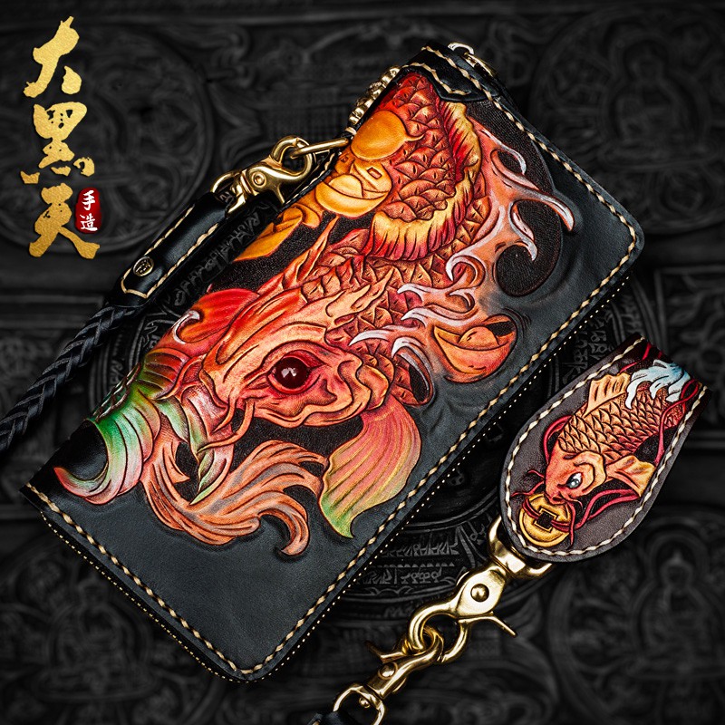 大黑天手造錢包皮雕招財魚長款拉鏈手抓包復古男女真皮大容量財布 蝦皮購物