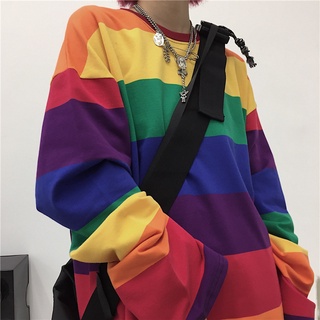 【店小萌】秋季新款韓版彩虹條紋長袖T恤女學生早秋寬鬆泫雅風洋氣上衣