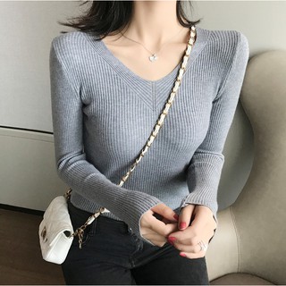 現貨臺灣出👗Small Puzi 韓版V領套頭針織衫打底衫長袖 薄上衣 T恤