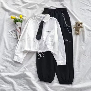 SEOUL秋季新款套裝女學生韓版寬鬆設計感長袖襯衫+高腰工裝褲兩件套潮