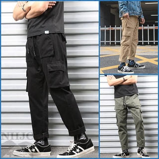 【NHJC設計®】 獨家打版設計*六口袋街頭美式水洗直筒工作褲-鬆緊腰帶抽繩/軍褲工裝褲 -黑綠卡 S~2L N551