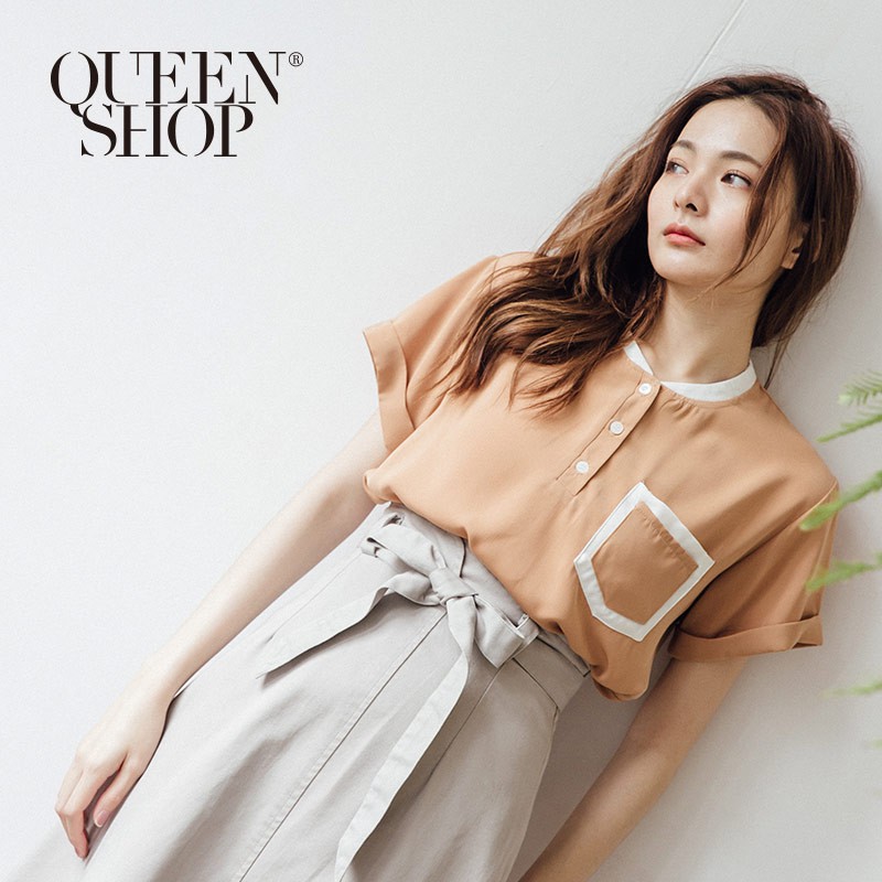 QUEENSHOP 撞色雙口袋造型拼色雪紡上衣 兩色售 現+預【01096134】