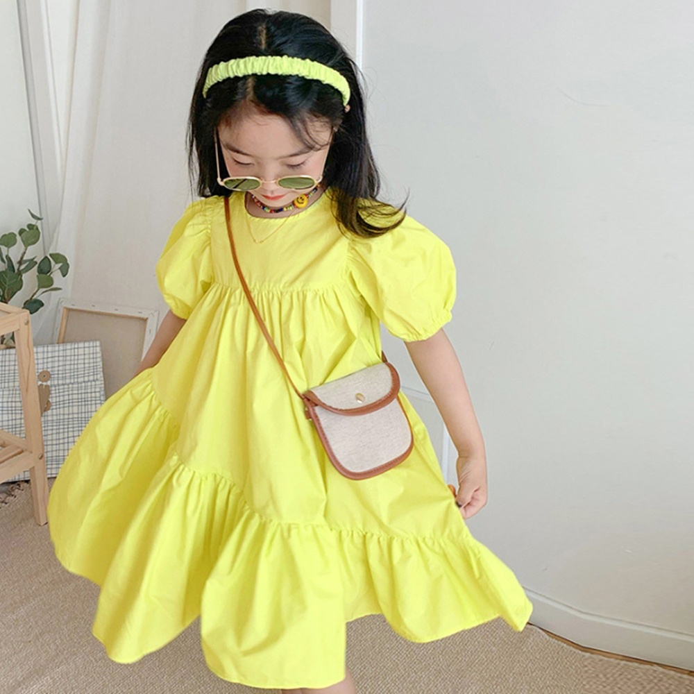 斜邊下擺螢光黃襯衫棉洋裝 連身裙 連衣裙 短袖洋裝 女童 兒童 童裝 現貨 橘魔法【p0061236562460】