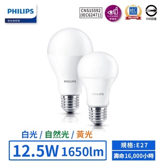 【飛利浦PHILIPS】LED E27/12.5W超極光真彩燈泡 (黃光/自然光/白光)【實體門市保固二年】