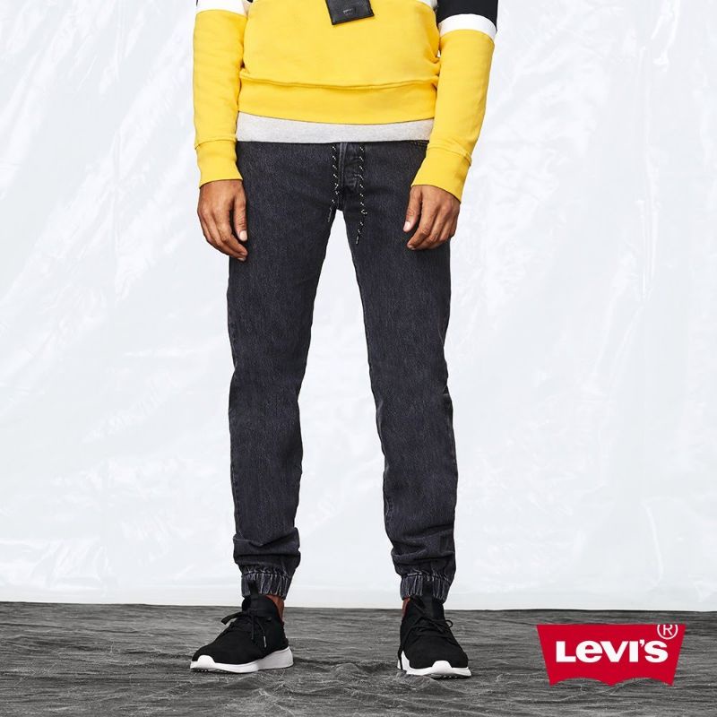 Levis 501 Joggers 運動丹寧排釦縮口褲/直筒/抽繩 /黑皮牌/黑灰石洗