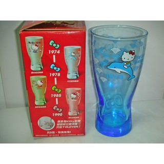 aaS1皮1商旋.(企業寶寶玩偶娃娃)全新附盒Hello Kitty凱蒂貓40週年經典玻璃曲線杯-天空藍海豚杯!