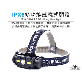 IPX6 LED 多功能防水 感應式頭燈 登山頭燈 露營 多模式雙光源 紅光 支援多電源 可USB充電 強光 超亮 超輕