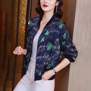 韓版夏季女裝夾克防曬大衣飛行員夾克寬鬆外套新款休閒棒球夾克印花長袖薄女短款外套
