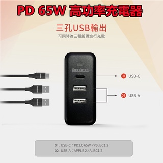 Soodatek豆腐頭 PD快充頭 超級快充65W充電頭 快充頭 雙孔USB+PD快充 聖岡科技 三孔高速充電器 旅充
