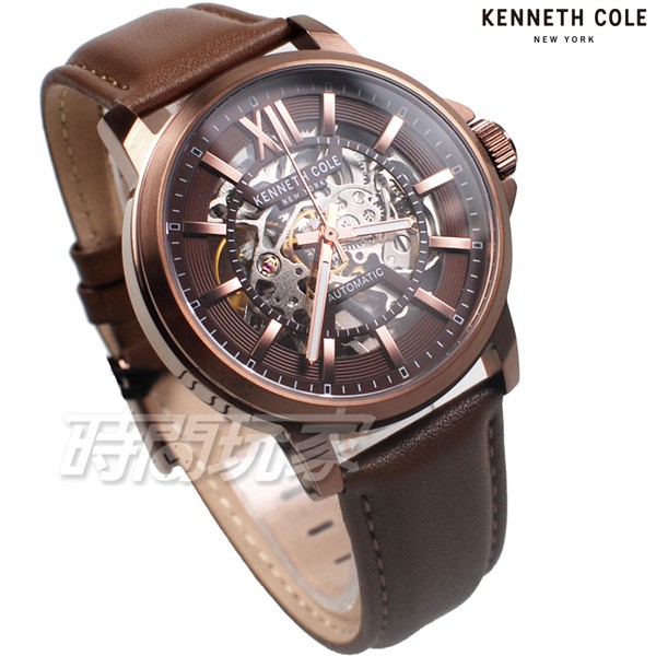 Kenneth Cole 羅馬時刻 雙面鏤空 腕錶 自動上鍊機械錶 男錶 真皮錶帶 古銅色電鍍 KC50779004
