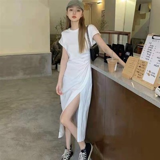 衣時尚YY 性感洋裝 一字肩 POLO領連身裙 白色T恤連身裙設計感小個子開叉氣質修身長裙子MD069-B 51055
