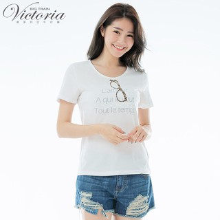 VICTORIA 植絨鏡框文字印花基本短袖T-白