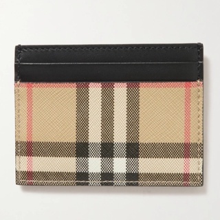 【BURBERRY 巴寶莉】經典格紋Vintage 拼皮革卡片夾名片夾 (卡其/黑)