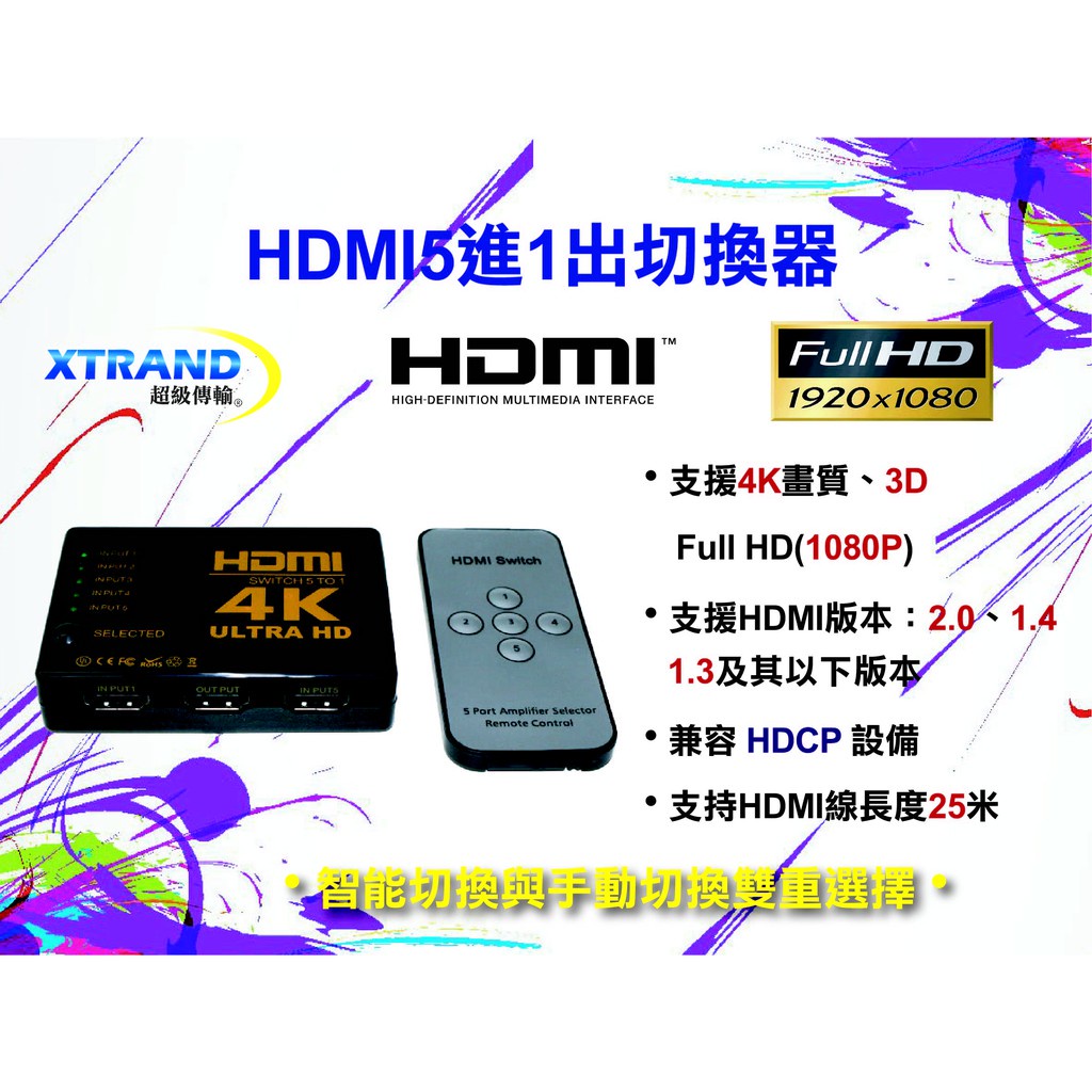【三泰利】5進1出 HDMI切換器  4K 2K 高畫質 3D 選擇器 HDMI線 MOD PS3 PS4 XBOX