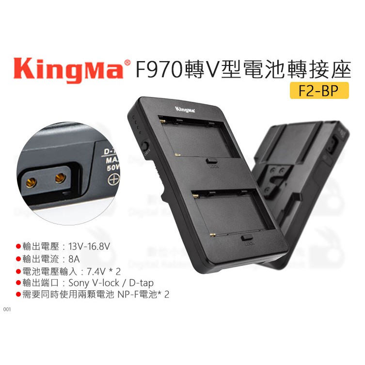 數位小兔【KingMa F970轉接V型電池轉接座 F2-BP】V-Lock 公司貨 D-TAP V-mount V掛電