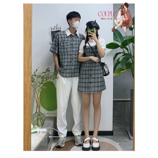【COUPLE】🔥日韓休閒🔥情侶裝夏季套裝2022新款短袖收腰顯瘦裙子韓版男襯衫
