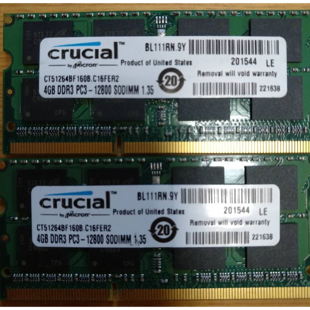 筆記型 美光 4G x 2 = 8G 記憶體 DDR3 1600 PC3 12800S 筆電 4GB 1.5V電壓