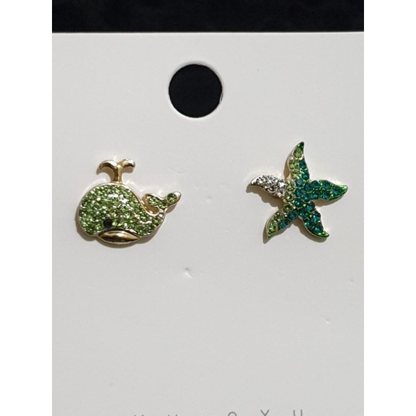 飾品 耳環 925銀針 漸層綠色晶鑽鯨魚海星貼耳耳環