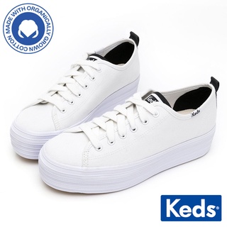 【Keds】TRIPLE UP 小心機厚底有機棉綁帶休閒鞋-白