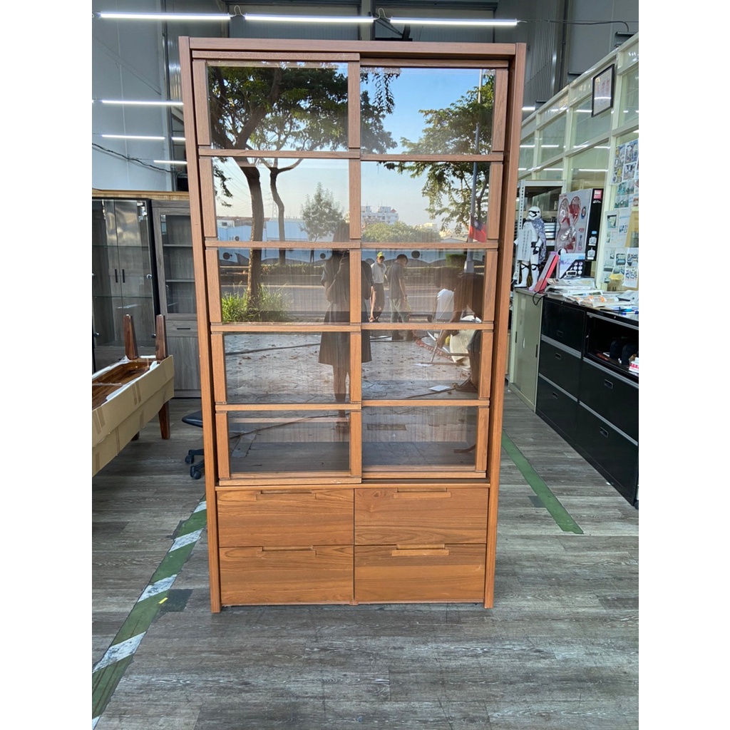 吉田二手傢俱❤CELLINI皇齊柚木玻璃書櫃 櫥櫃 玻璃櫃 多格櫃 收納櫃 儲物櫃 置物櫃 實木