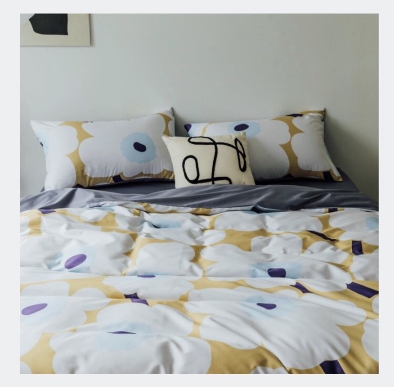 芬蘭marimekko 奶茶底白花高支高密全棉府綢太陽花印花被套枕套 蝦皮購物