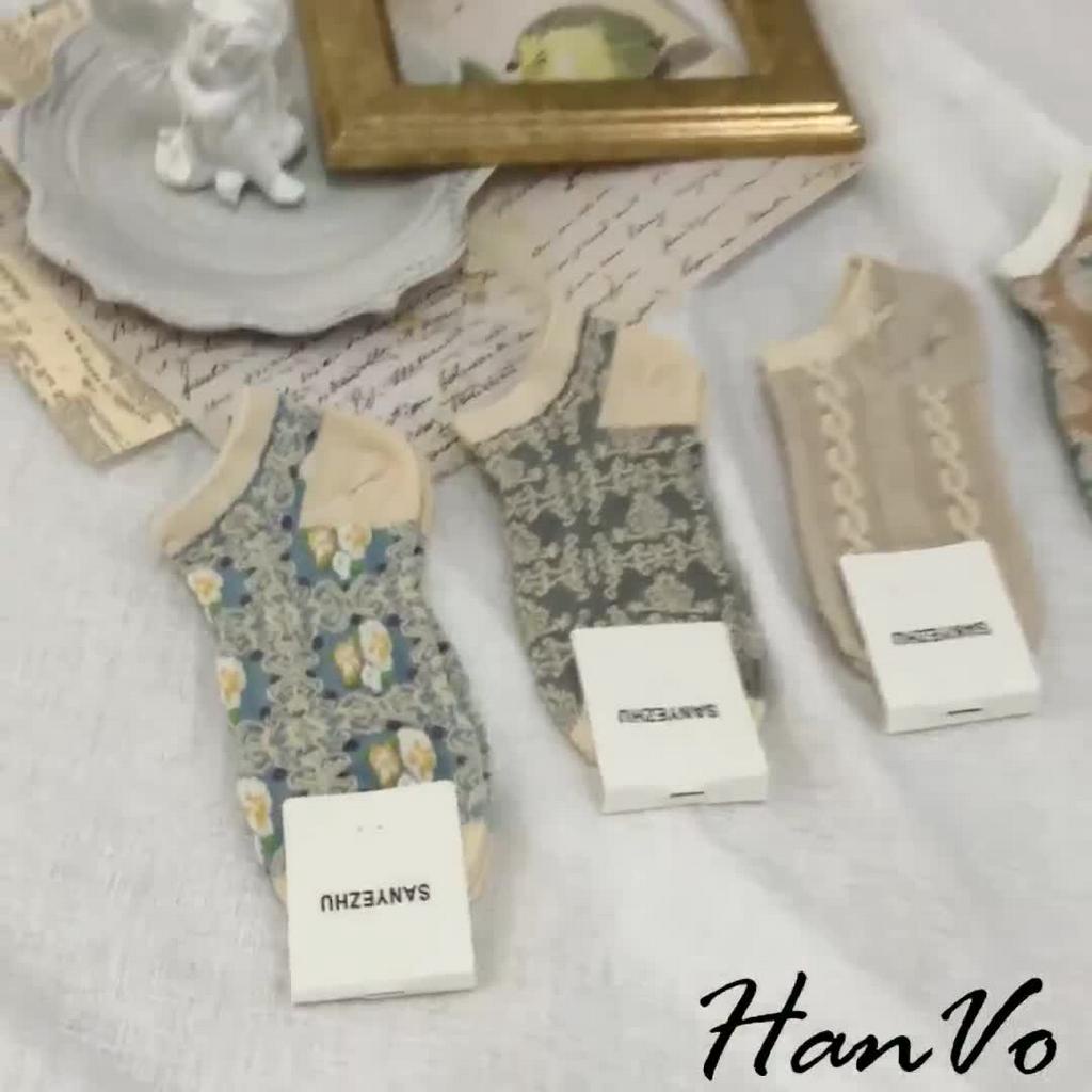 【HanVo】歐式復古花紋船型襪 甜美可愛百搭短襪 韓國襪子少女襪韓妞必備 女生配件 6068