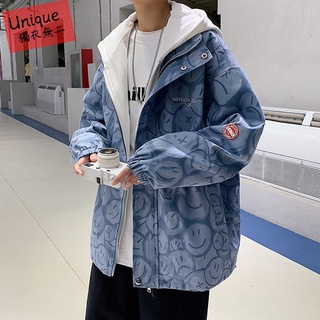 👉獨衣無二👈 三色入 M-2XL 高質感 純棉 男生夾克外套 連帽外套 帥氣外套 港風時尚笑臉印花假兩件連帽夾克外套
