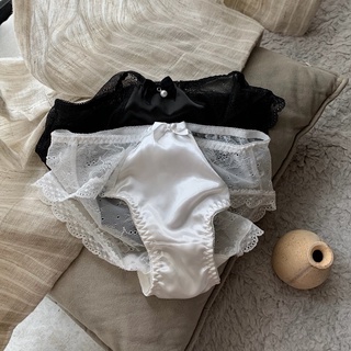 內褲女生 女透明內褲 日系性感緞面蕾絲拼接 中低腰小清新三角褲 透氣舒適花朵蕾絲 純色高階緞面色丁面料 可愛珍珠蝴蝶結