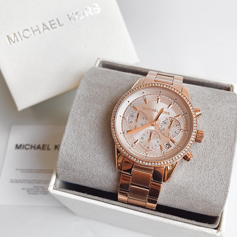 美國百分百【全新真品】 MICHAEL KORS 手錶 水鑽錶圈 腕錶 三眼計時 女錶 MK5491 玫瑰金 J816