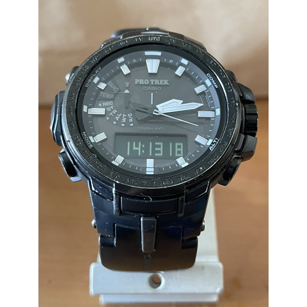 已過保二手CASIO卡西歐 PROTREK PRW-6100Y太陽能錶 雙顯錶 碳纖維橡膠錶帶