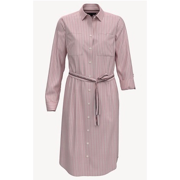 【TOMMY HILFIGER】ESSENTIAL 長袖條紋襯衫裙（粉紅色白條紋、S號*1）－76B0235