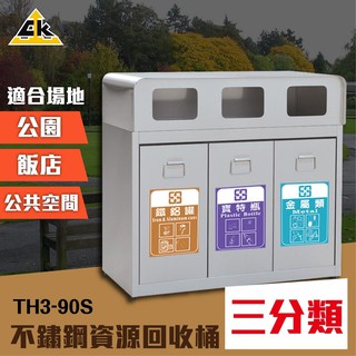 臺製 不鏽鋼三分類資源回收桶 TH3-90S 室內外垃圾桶 資源回收桶 環保回收箱 分類回收桶 3分類垃圾桶 清潔箱