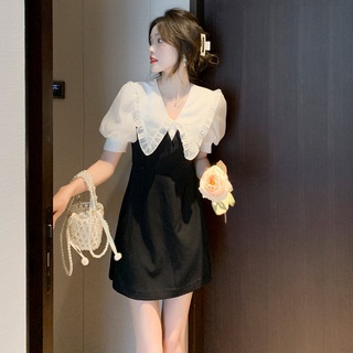 胖胖美依 洋裝 連身裙 S-XL新款娃娃領黑色氣質收腰泡泡袖赫本風小黑裙非A027-6762.
