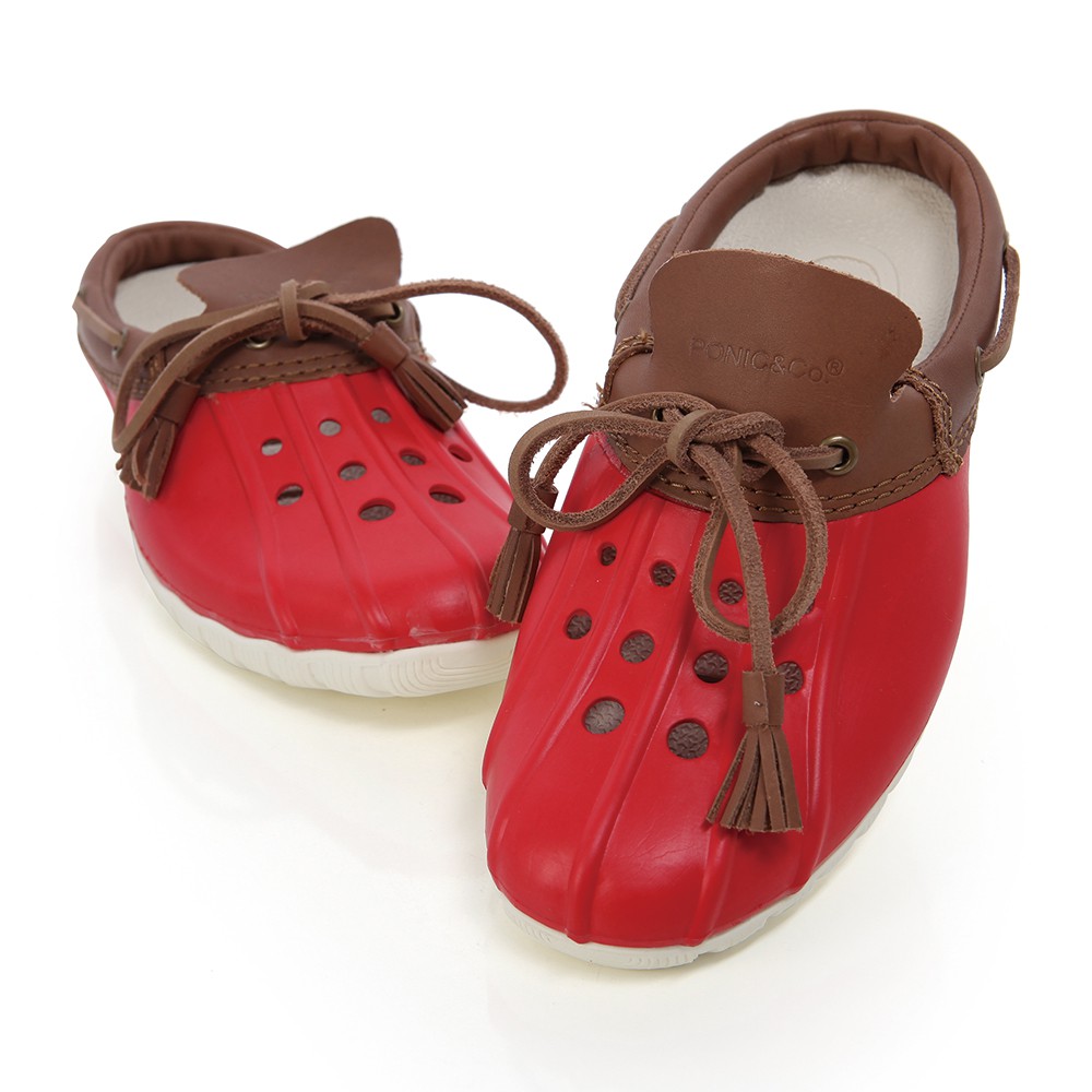 美國加州 PONIC&amp;Co. CODY 防水輕量 洞洞半包式拖鞋 雨鞋 紅色 男女 休閒鞋 懶人鞋 真皮流蘇 環保膠鞋