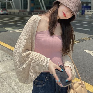 Comeandbuy-長袖套裝 防曬針織開襟衫外套女春秋薄款寬鬆慵懶風短版外搭上衣%棉