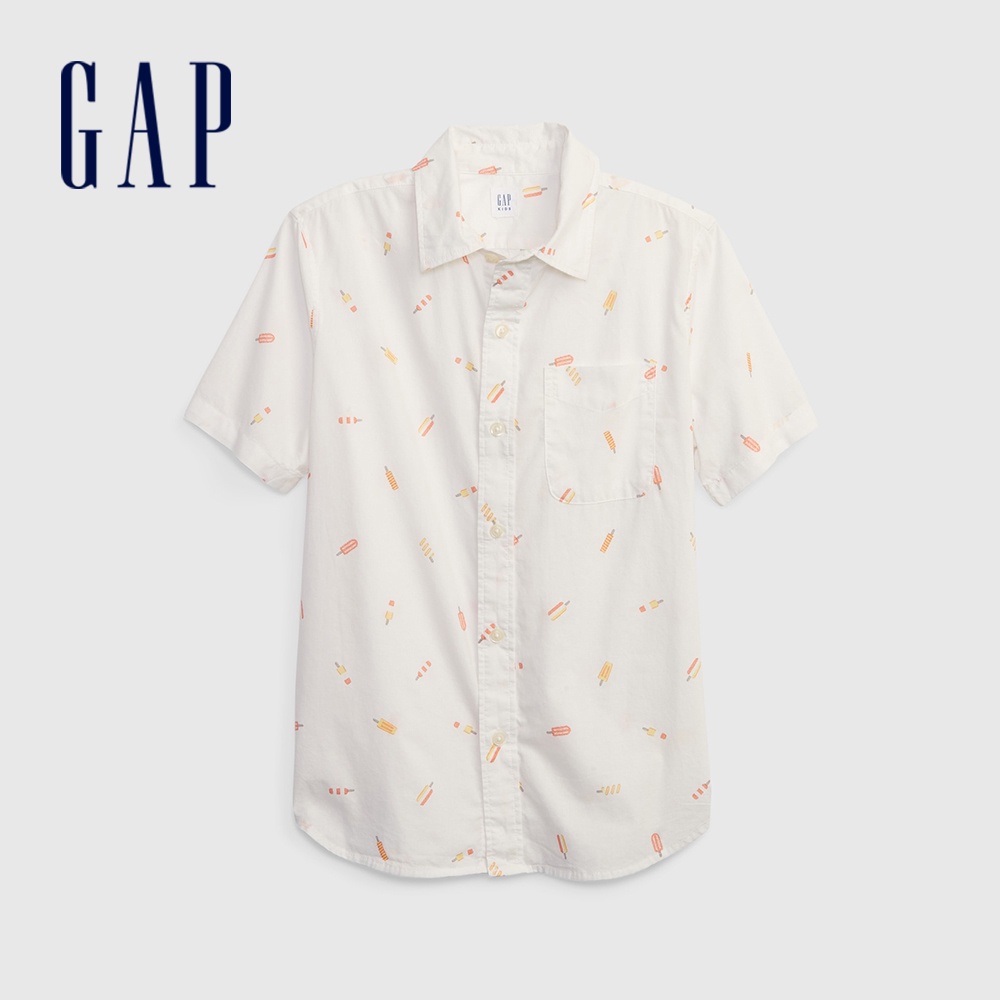 Gap 男童裝 童趣印花翻領短袖襯衫-白色(860275)