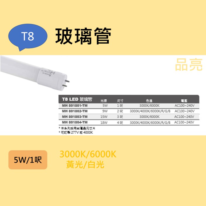 (品亮) MARCH T8 1尺 LED 玻璃管 燈管 玻塑燈管 5W 1呎 白光 黃光 3000K 6000K台灣晶片