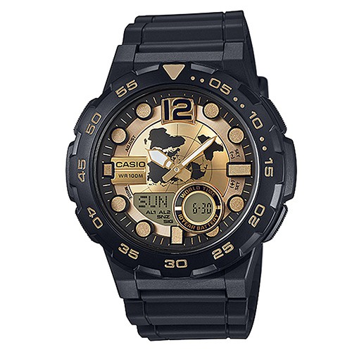 【CASIO】10年電力世界地圖設計雙顯錶-黑X金(AEQ-100BW-9A)正版宏崑公司貨