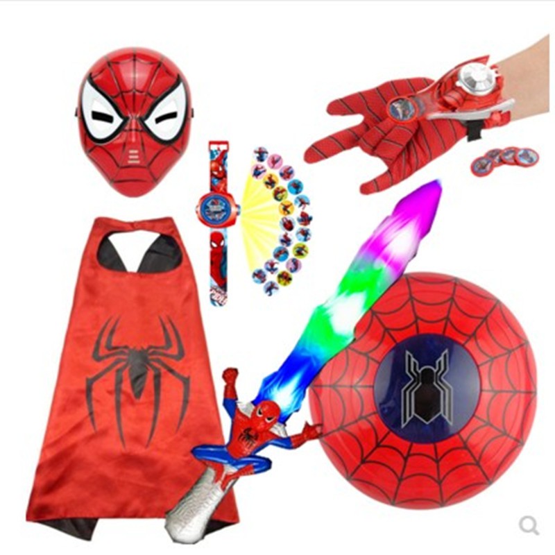 兒童蜘蛛俠發光面具手套發射器投影卡通手表表演披風聲光劍盾牌