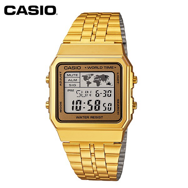 【CASIO】A500WGA-9 復古造型電子錶/全球地圖世界時間/百搭/男女通用款/34mm/金/公司貨【第一鐘錶】