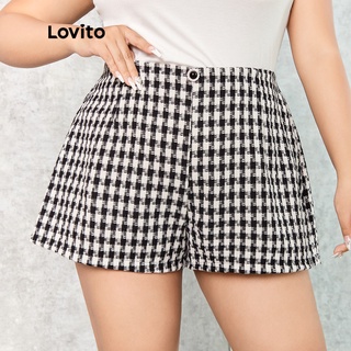 Lovito 大尺碼優雅格紋鈕扣花呢女式短褲 LPS03081（黑白色）