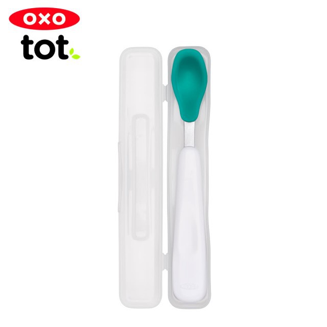 【OXO】 tot 矽膠學習餐具湯匙組-靚藍綠(內附盒子)
