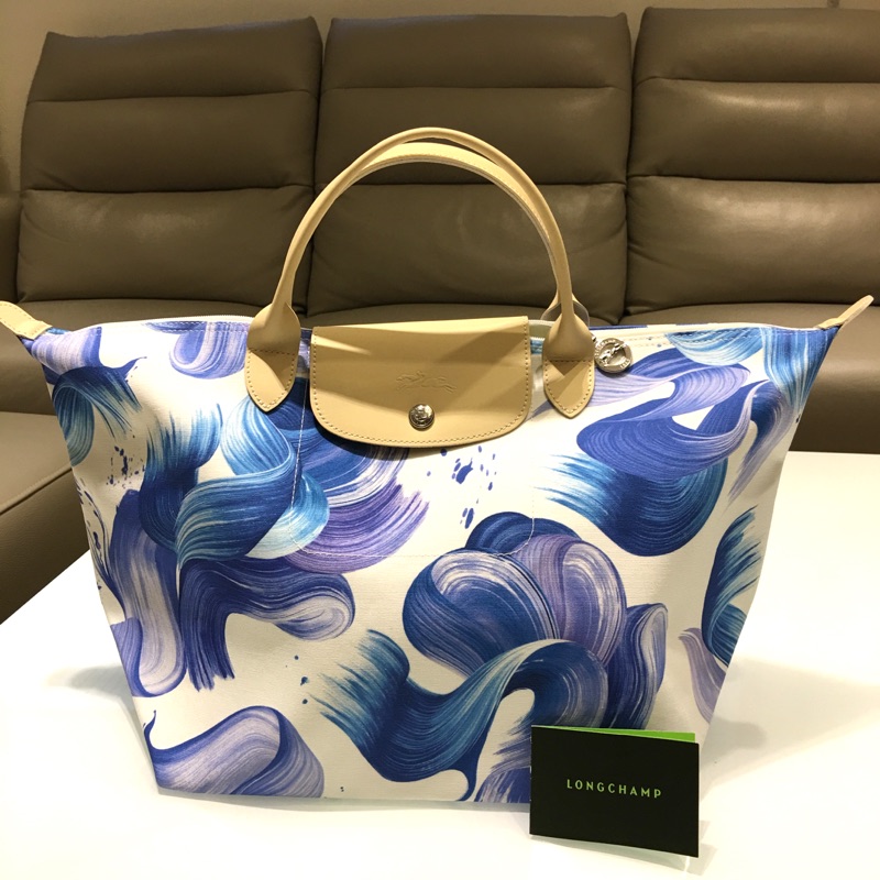 Longchamp手提袋 手提包  限定款清新水花圖案印花 藍莓色