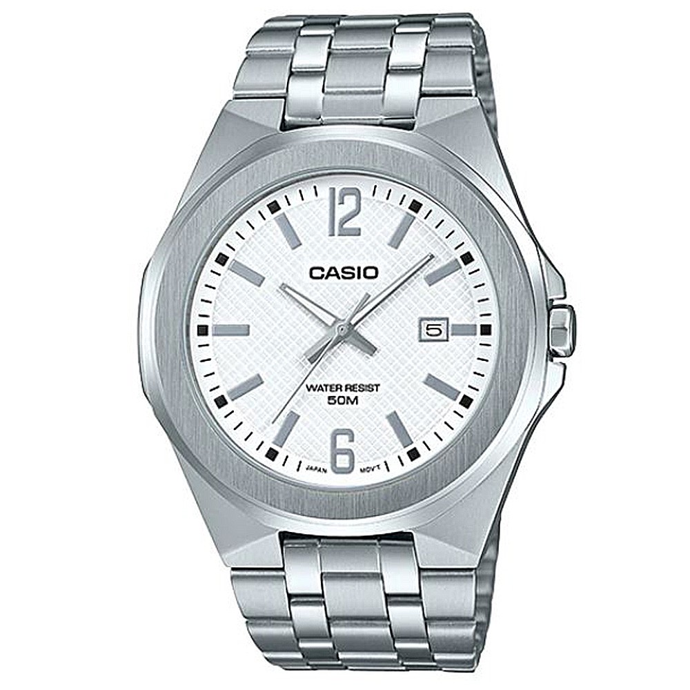 【CASIO】超簡約蛇紋錶面不鏽鋼腕錶-白面(MTP-E158D-7A)正版宏崑公司貨