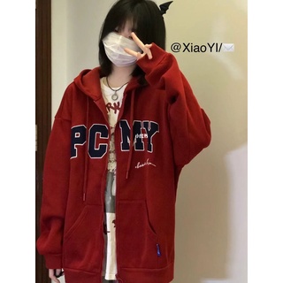 [READY STOCK] 美式復古紅色大學T外套女寬鬆休閒百搭連帽棒球服