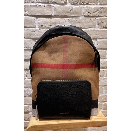 【美國全球代購入一定是正品［BURBERRY 巴寶莉】CANVAS 經典格紋棉麻拼接雙肩後背包(黑)大款