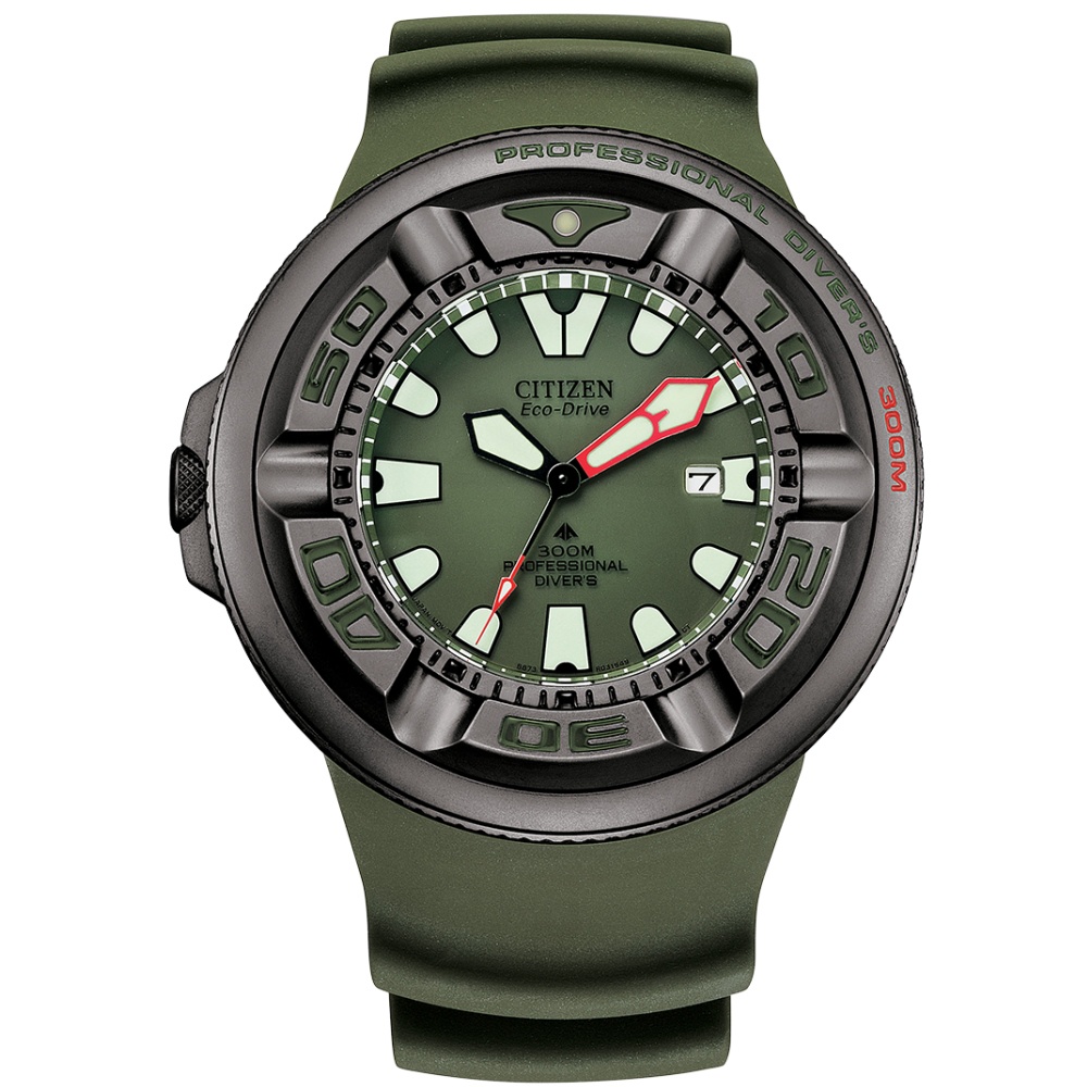 CITIZEN PROMASTER 率性軍綠潛水300光動能橡膠腕錶BJ8057-17X