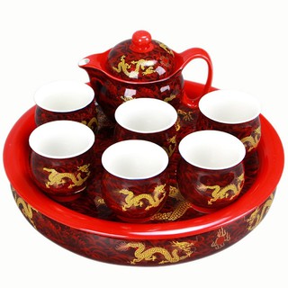 5Cgo 整套裝雙層陶瓷功夫茶具隔熱茶杯家用防燙紅金龍結婚禮品8件白瓷茶桌茶盤t520454329950